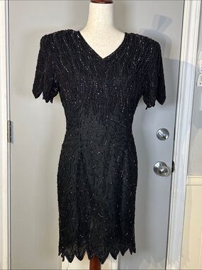Vintage Silky Nites 100% Silk Beaded Cocktail Dress Black Sequin Size 10